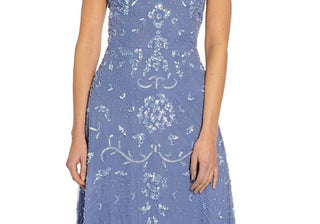 ADRIANNA PAPELL Womens Blue Embellished Zippered Lined Sleeveless V Neck Maxi Party Dress Size 16