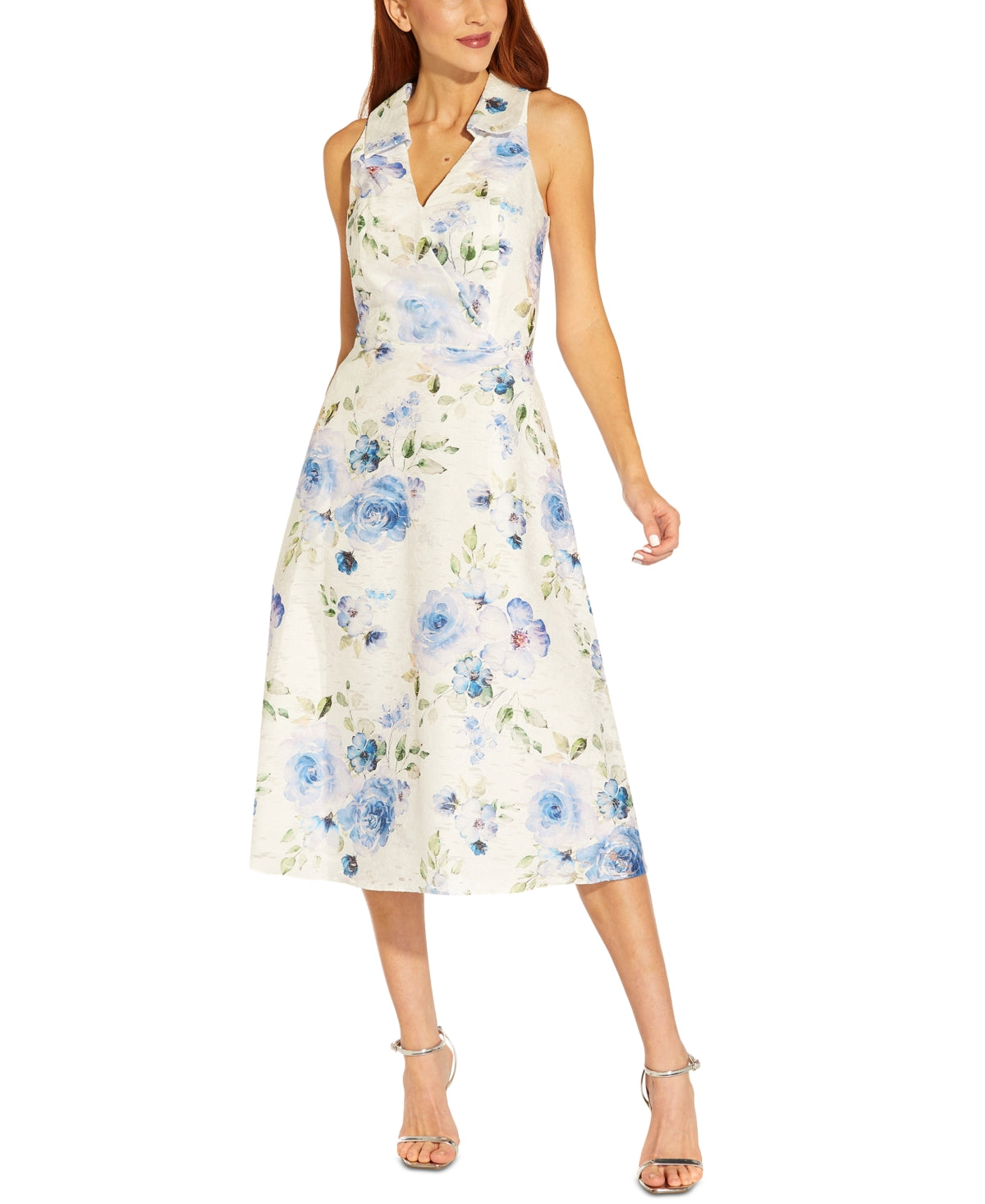 Adrianna Papell Women's Floral Jacquard Sleeveless Fit & Flare Dress Blue Size 8