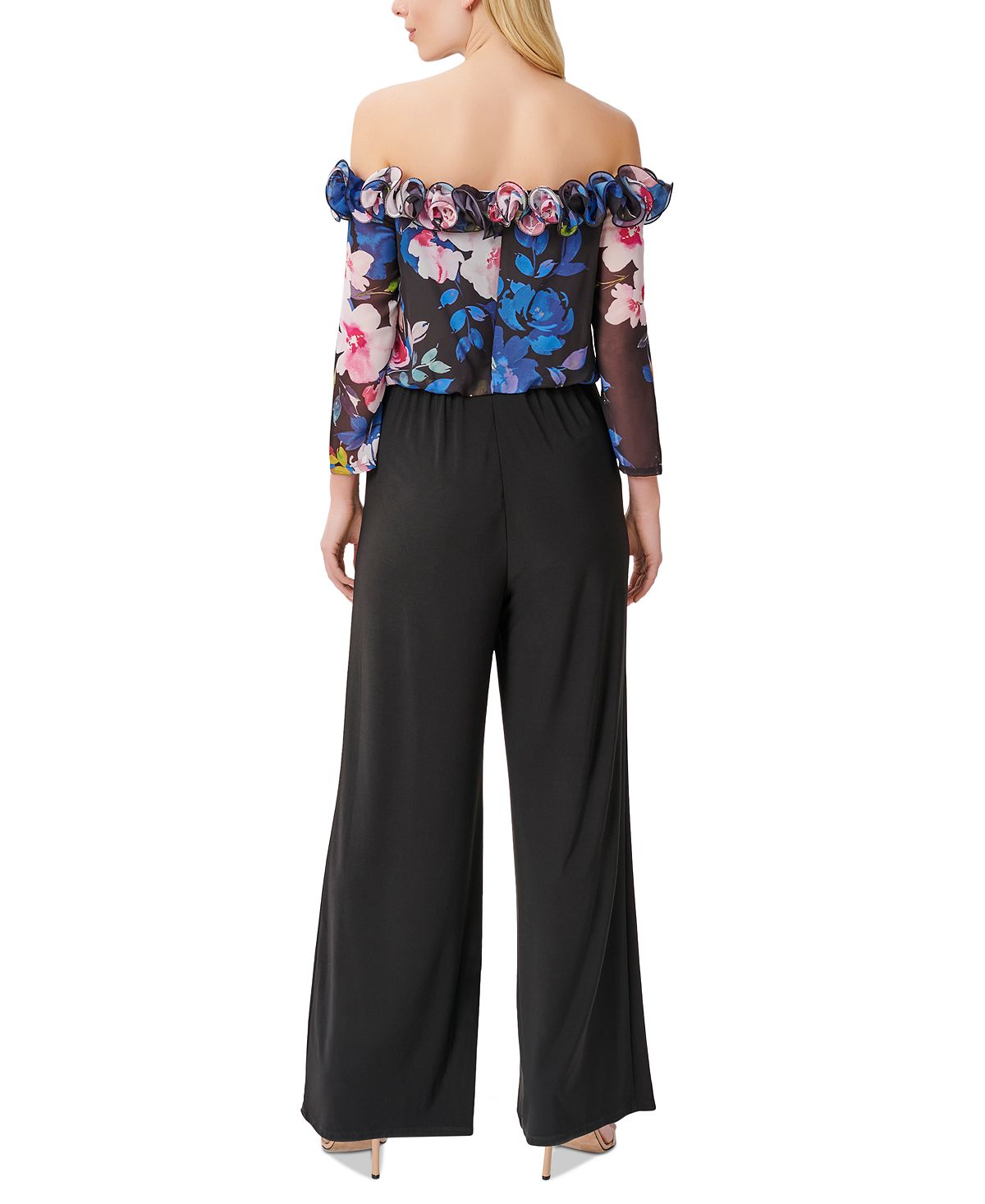 Adrianna Papell Women's Ruffled Floral Print Jumpsuit Black Size 16