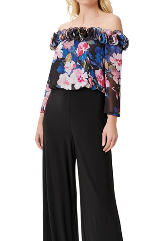 Adrianna Papell Women's Ruffled Floral Print Jumpsuit Black Size 16