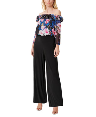 Adrianna Papell Women's Ruffled Floral Print Jumpsuit Black Size 16