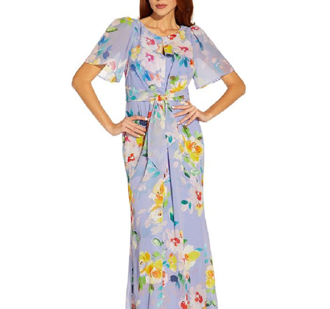 Adrianna Papell Women's Floral Print Chiffon Gown Purple Size 12