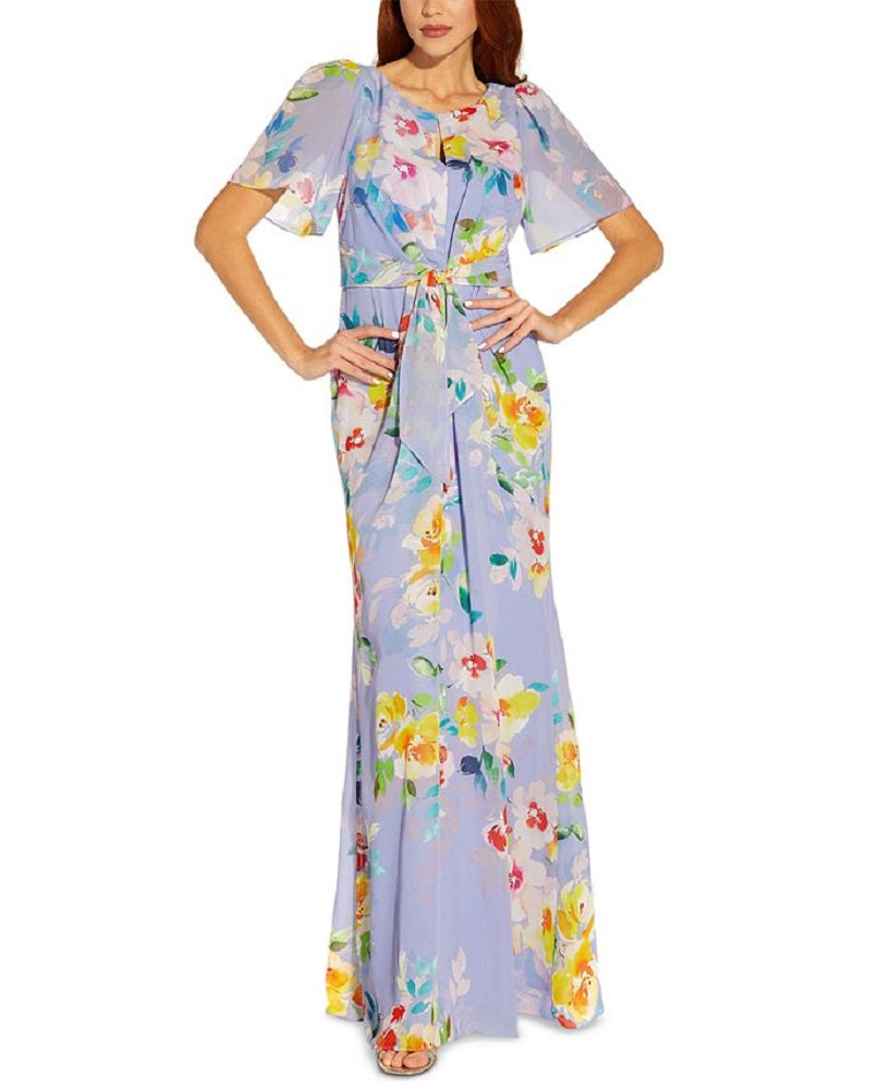 Adrianna Papell Women's Floral Print Chiffon Gown Purple Size 16