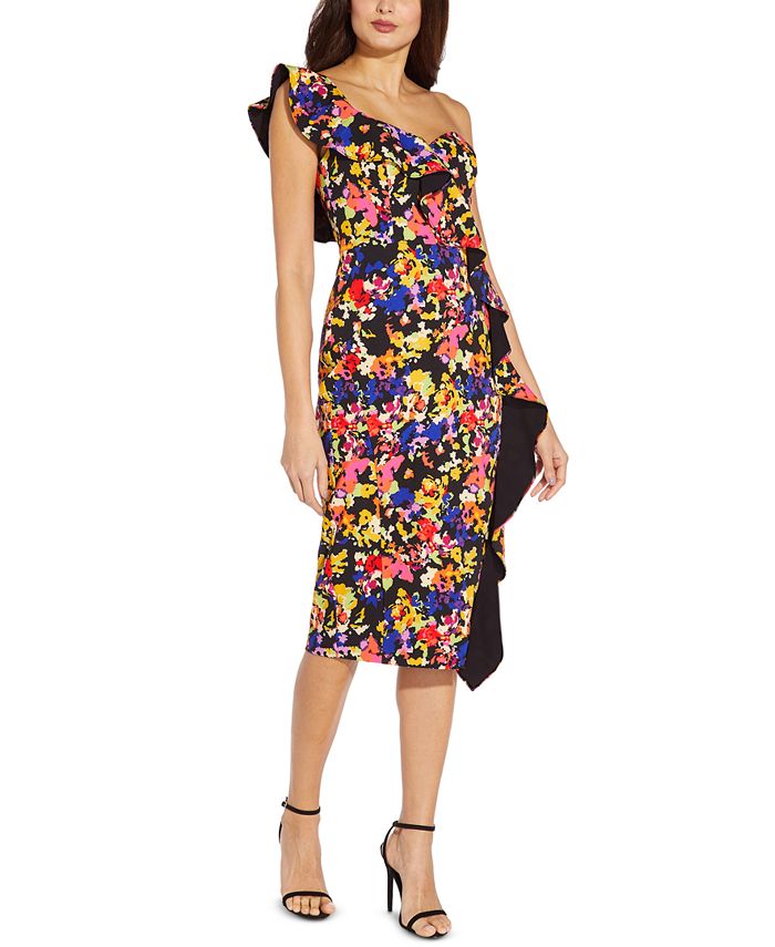 Aidan By Aidan Mattox Women's Floral Print Ruffled One Shoulder Dress Black Size 6