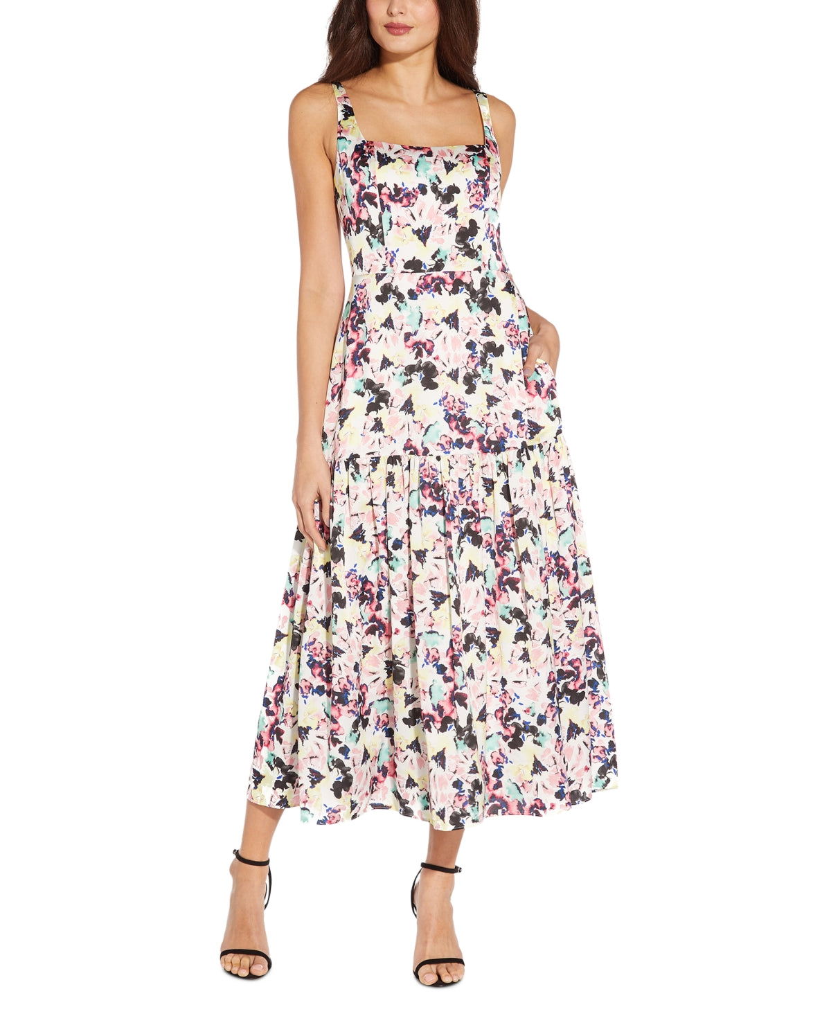Aidan By Aidan Mattox Women's Satin Floral Print Midi Dress White Size 12