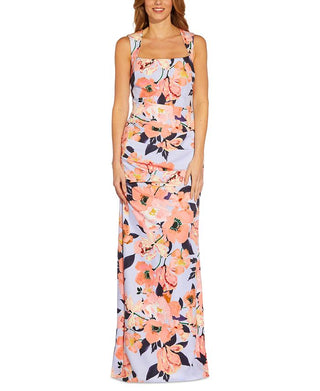 Adrianna Papell Women's Square Neck Floral Print Gown Blue Size 12Petite