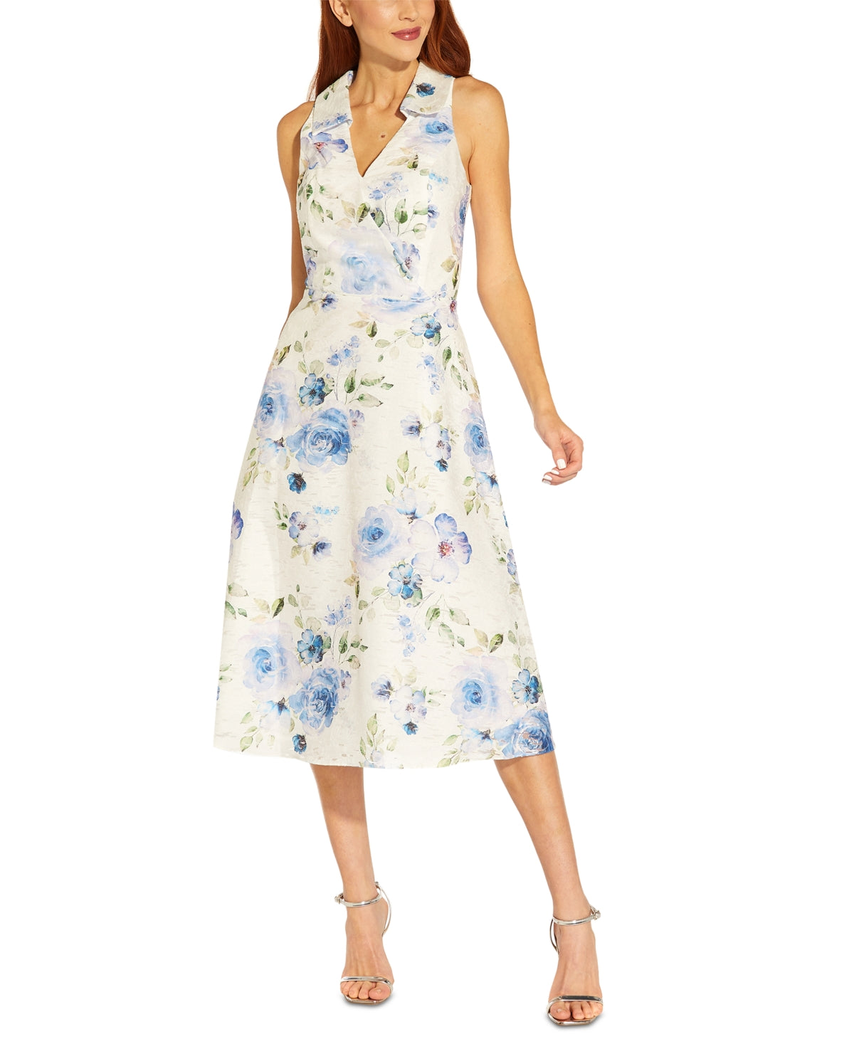 Adrianna Papell Women's Floral Print Midi Dress Blue Size 6Petite