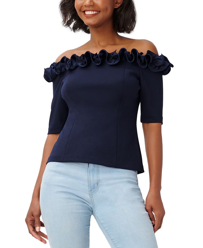 Adrianna Papell Women's Ruffled Off The Shoulder Top Blue Size 10