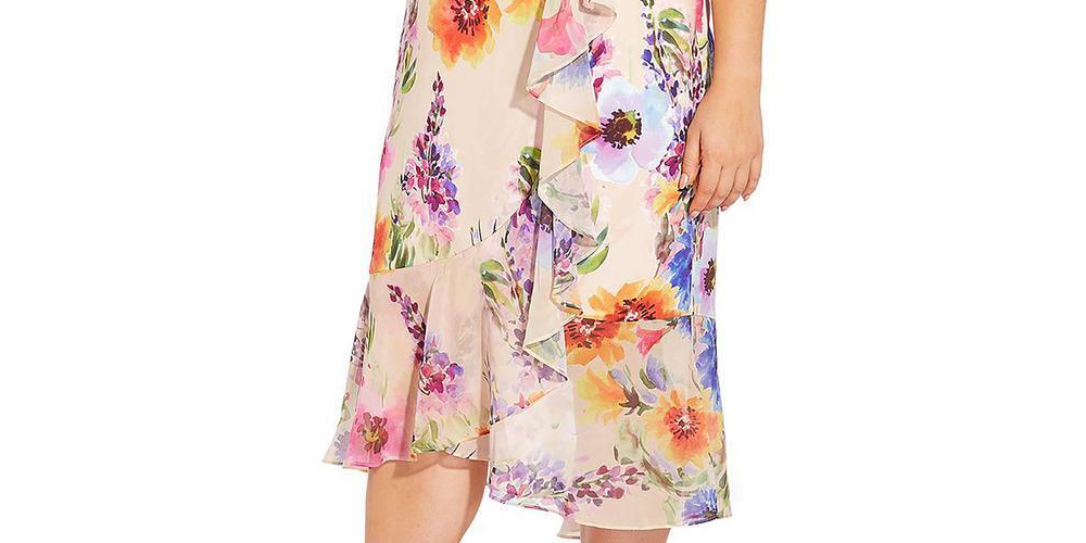 Adrianna Papell Women's Floral Ruffle Faux Wrap Midi Dress Brown Size 22W