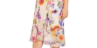 Adrianna Papell Women's Floral Ruffle Faux Wrap Midi Dress Brown Size 22W