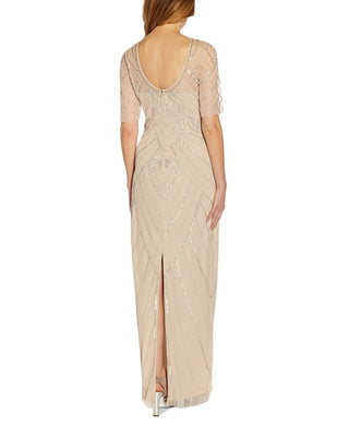 Papell Studio Women's Beaded Elbow-Sleeve Gown Beige Size 8