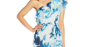 Adrianna Papell Women's One Shoulder Clip Dot Gown Blue Size 8