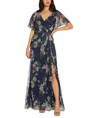 Adrianna Papell Women's Printed Pleated Gown Blue Size 4