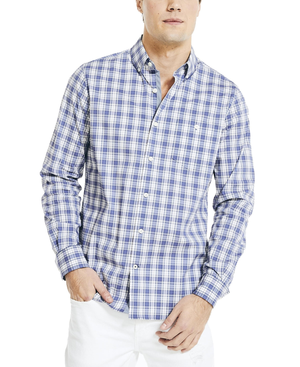 Nautica Men's Navtech Moisture Wicking Performance Stretch Plaid Shirt Blue Size Large