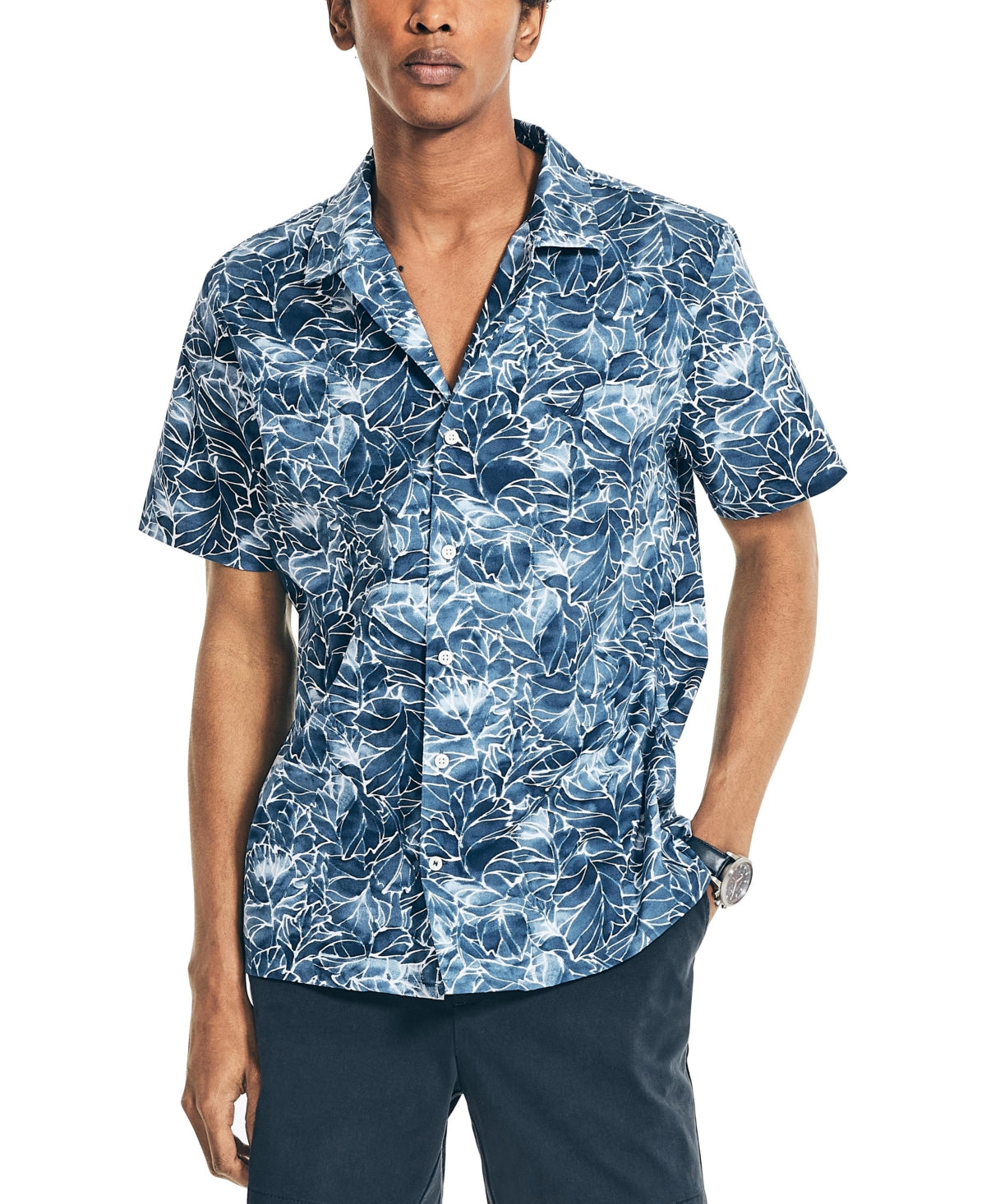 Nautica Men's Stretch Cotton Floral Print Short Sleeve Shirt Blue Size Large