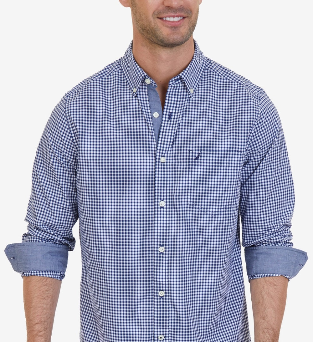 Nautica Men's Classic Fit Long Sleeve Gingham Check Poplin Shirt Blue Size XX-Large