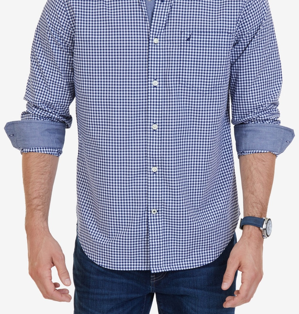 Nautica Men's Classic Fit Long Sleeve Gingham Check Poplin Shirt Blue Size XX-Large