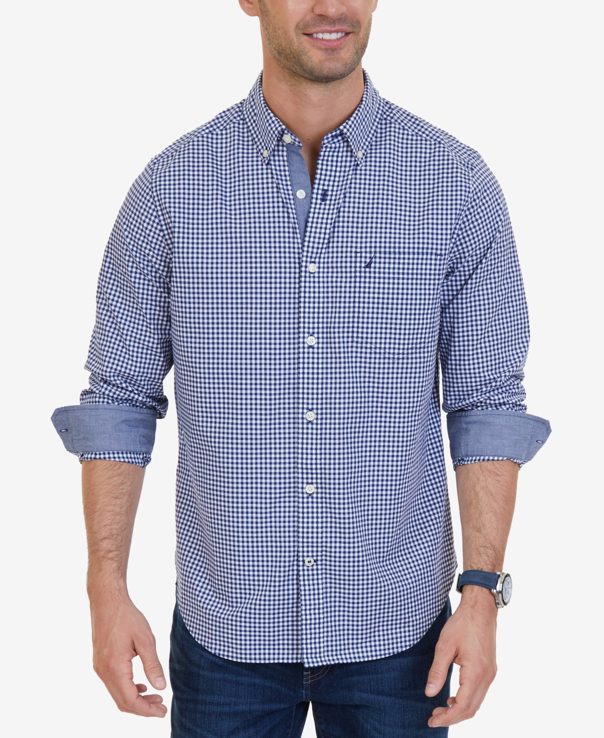 Nautica Men's Classic Fit Long Sleeve Gingham Check Poplin Shirt Blue Size XX-Large