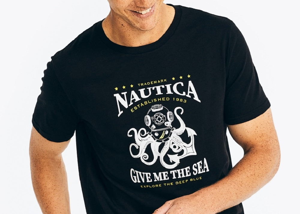 Nautica Men's Sustainably Crafted Give Me The Sea Graphic T-Shirt Black Size X-Large
