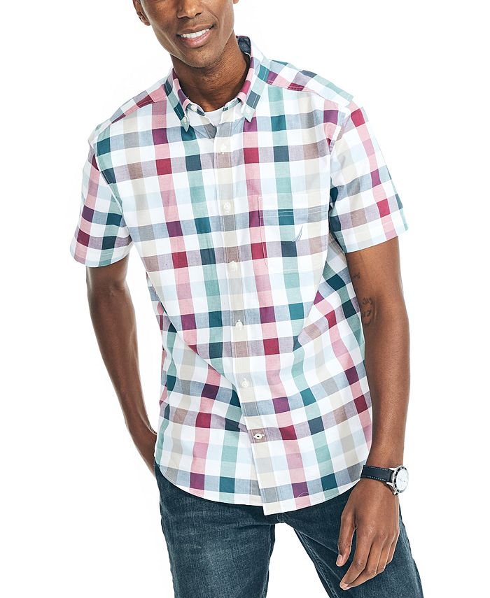 Nautica Men's Classic Fit Short Sleeve Stretch Plaid Oxford Shirt White Size Medium