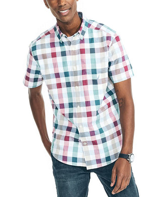 Nautica Men's Classic Fit Short Sleeve Stretch Plaid Oxford Shirt White Size Medium