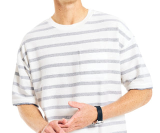 Nautica Men's Loose Fit Oversized Crew Neck Stripe Pocket T-Shirt White Size Large