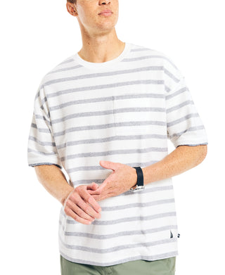 Nautica Men's Loose Fit Oversized Crew Neck Stripe Pocket T-Shirt White Size Large