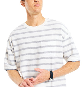 Nautica Men's Loose Fit Crew Neck Stripe Pocket T-Shirt White Size X-Large