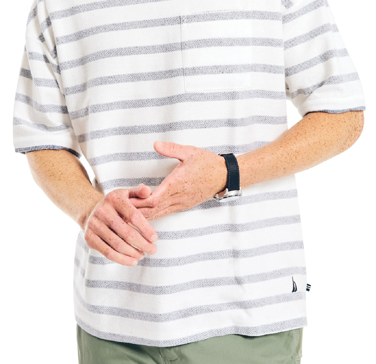 Nautica Men's Loose Fit Crew Neck Stripe Pocket T-Shirt White Size X-Large