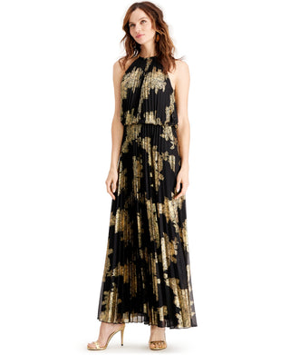 MSK Women's Metallic Print Pleated Blouson Gown Black Size 12