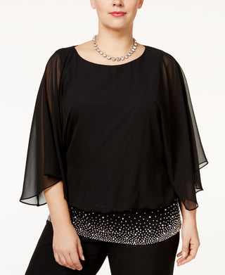 MSK Women's Plus Embellished Chiffon Blouse Black Size 1X