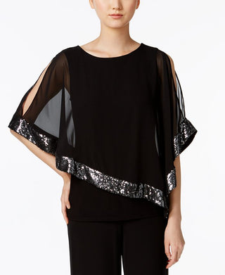 MSK Women's Sequined Chiffon Asymmetrical Blouse Black Size Petite Medium