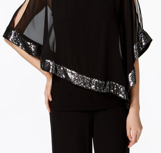 MSK Women's Sequined Chiffon Asymmetrical Blouse Black Size Petite Medium