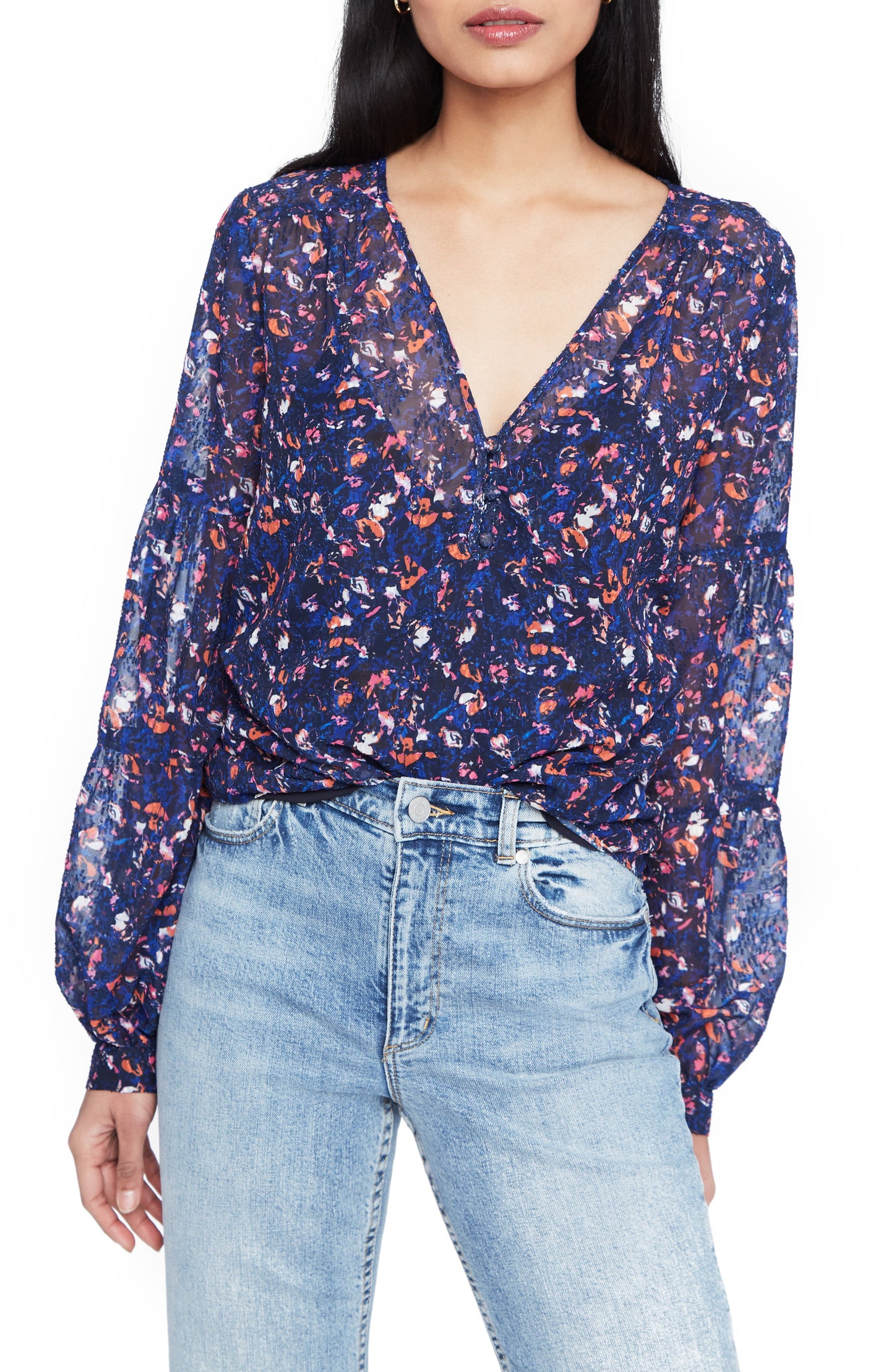 Parker Women's Sheer Printed Long Sleeve V Neck Top Blue Size X-Small