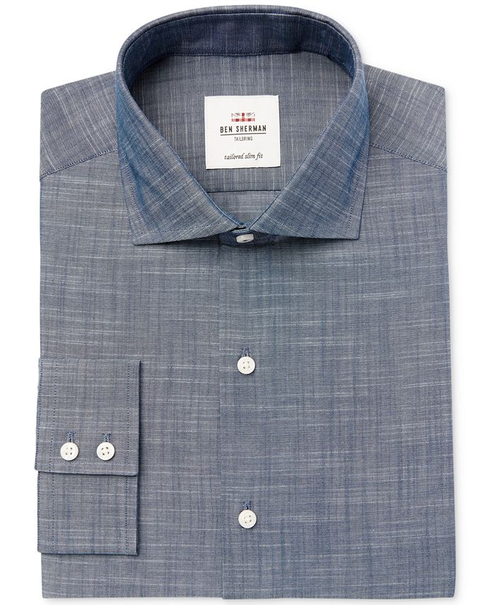 Ben Sherman Men's Slim Fit Slub Chambray Dress Shirt Blue Size 15.5X32X33