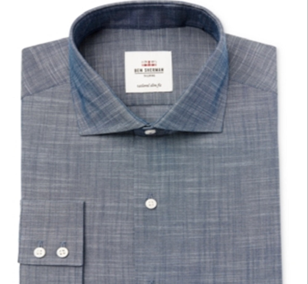 Ben Sherman Men's Slim Fit Slub Chambray Dress Shirt Blue Size 15.5X32X33