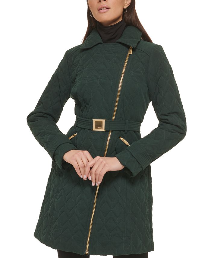 GUESS Women's Asymmetric Belted Diamond Quilted Coat Black Size Medium