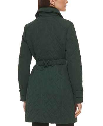 GUESS Women's Asymmetric Belted Diamond Quilted Coat Black Size Medium