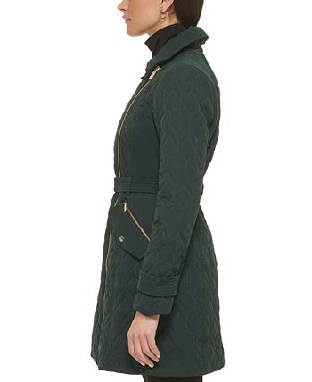 GUESS Women's Asymmetric Belted Diamond Quilted Coat Black Size Medium