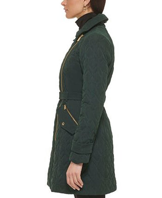 GUESS Women's Asymmetric Belted Diamond Quilted Coat Black Size Medium