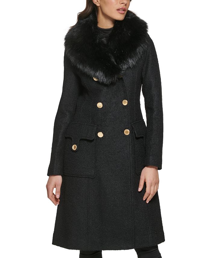 GUESS Women's Faux Fur Collar Double Breasted Walker Coat Black Size Small