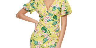 GUESS Women's Printed Puff Sleeve Bodycon Dress Yellow Size 8