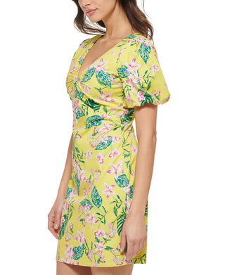 GUESS Women's Printed Puff Sleeve Bodycon Dress Yellow Size 6