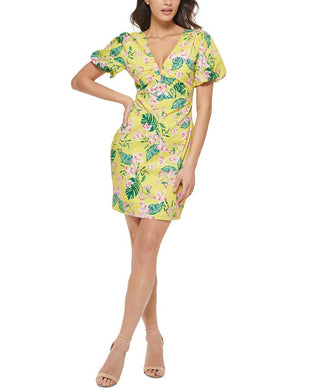 Guess Women's Printed Puff-Sleeve Bodycon Dress Yellow Size 2
