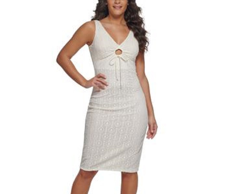 GUESS Women's Geo Lace Sleeveless Bodycon Dress White Size 10