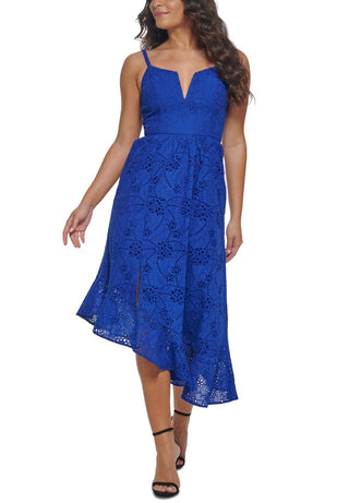 GUESS Women's Cotton Eyelet Asymmetric Midi Dress Blue Size 6