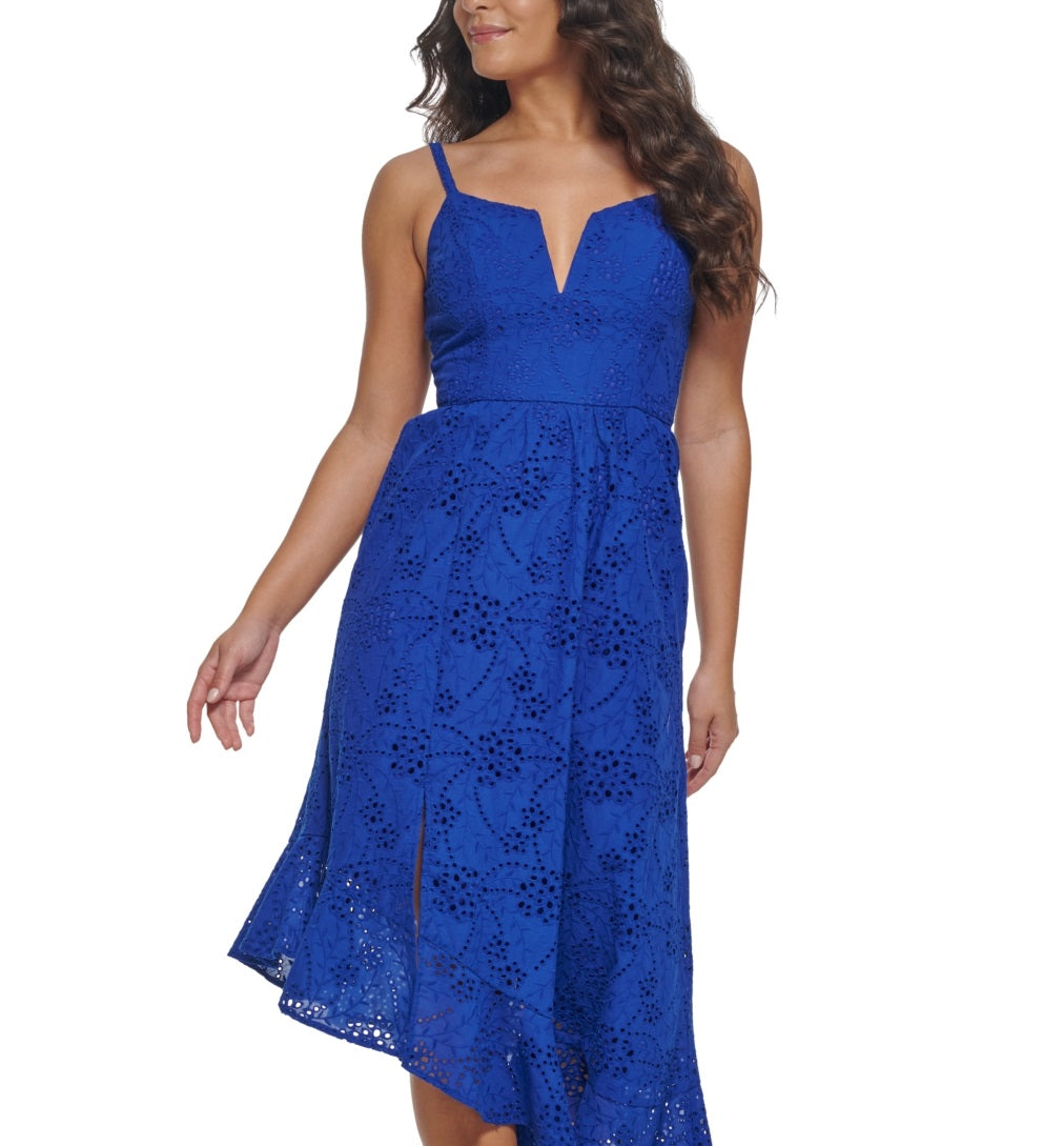 GUESS Women's Cotton Eyelet Asymmetric Midi Dress Blue Size 6