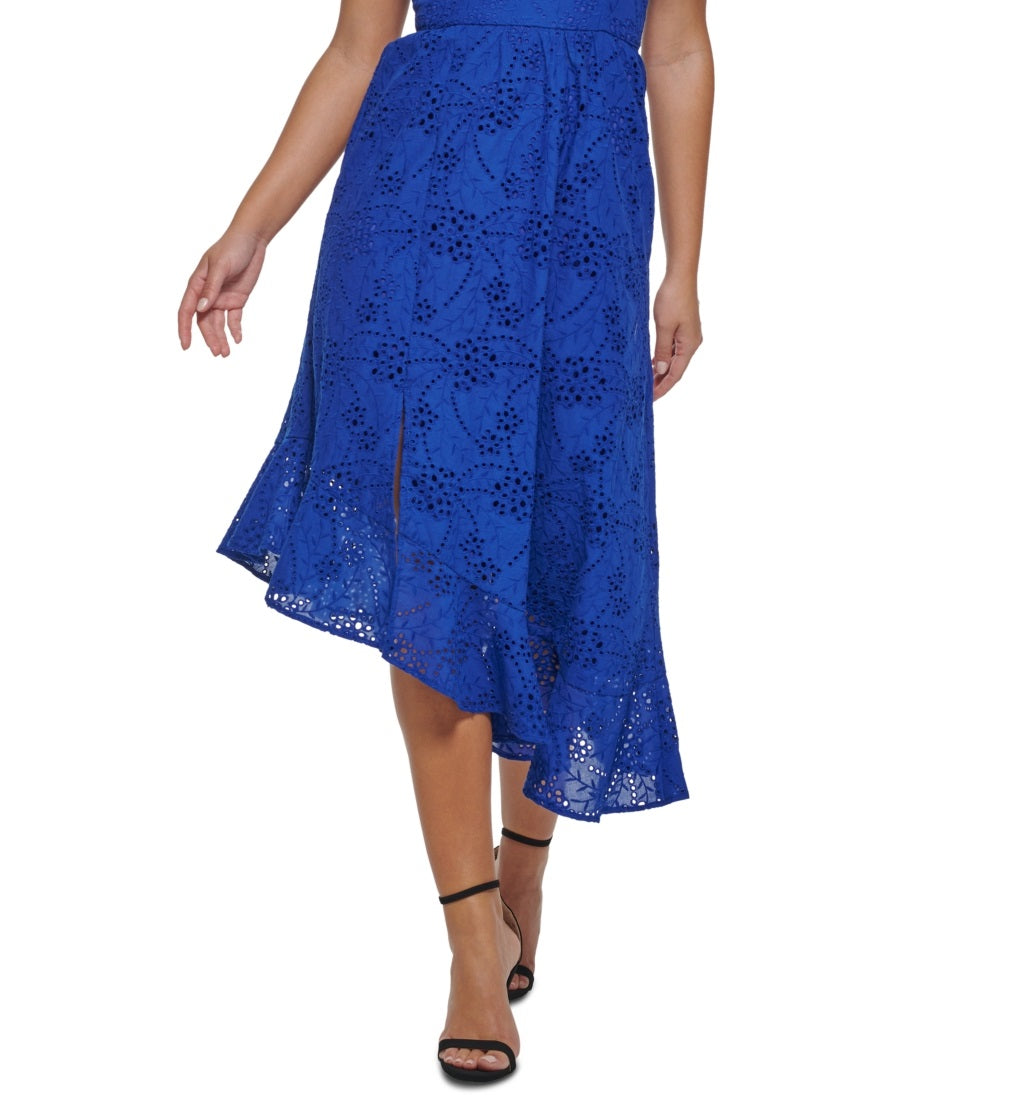 GUESS Women's Cotton Eyelet Asymmetric Midi Dress Blue Size 6