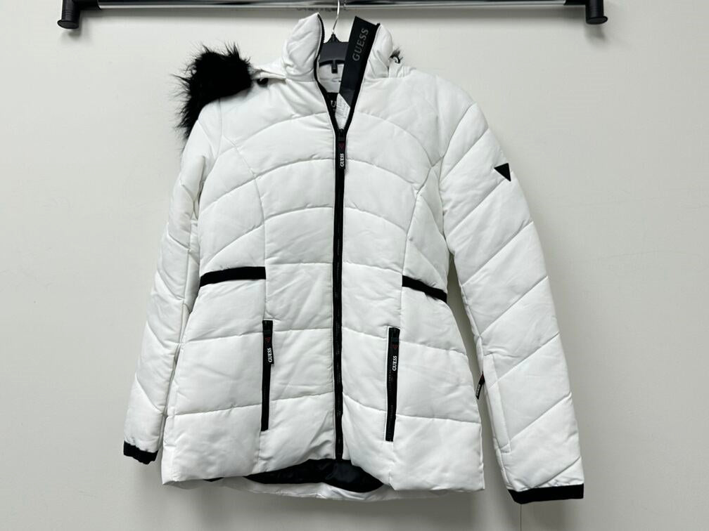 Guess Women's Faux Fur Trim Hooded Puffer Coat White Size Small