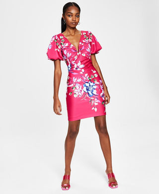 GUESS Women's Plunge Neck Puff Sleeve Dress Pink Size 2